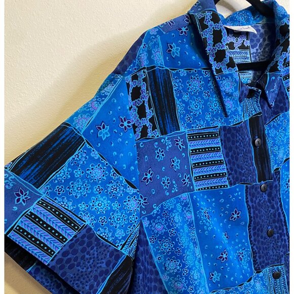 Vintage A Personal Touch Button Patchwork Floral Blue Short Sleeve Shirt Plus 3X - Picture 2 of 5